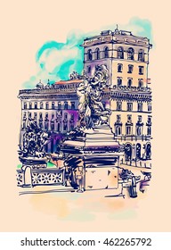 original freehand watercolor travel card from Rome Italy, old italian imperial building and sculpture monument, travel book vector illustration