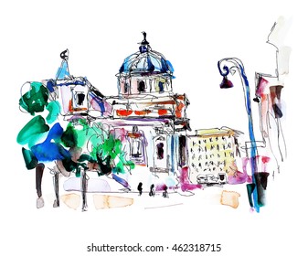 original freehand watercolor travel card from Rome Italy, old italian imperial building, travel book vector illustration