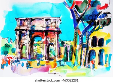 original freehand watercolor travel card from Rome Italy, old italian imperial building, travel book vector illustration