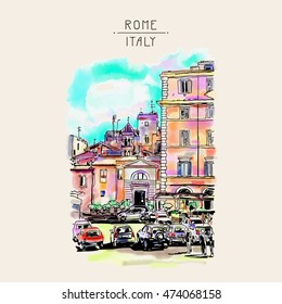 original freehand watercolor travel card from Rome Italy, old italian imperial building with people walking and cars, travel book vector illustration