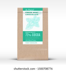 The Original Fresh Mint Chocolate. Craft Paper Bag Product Label. Abstract Vector Packaging Design Layout with Realistic Shadows. Modern Typography and Hand Drawn Spices Leaves Silhouette. Isolated.
