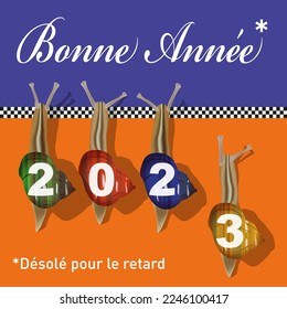 Original and funny 2023 greeting card, with a snail race symbolizing the laggards or those who forgot to wish their best wishes for the New Year.