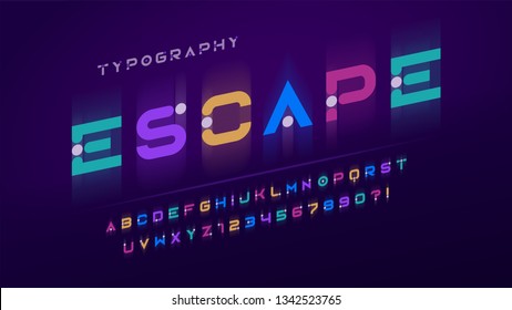 Original futuristic display font design, alphabet and numbers. Color swatches control