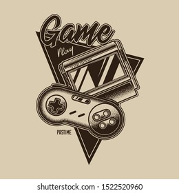Original, game monochrome vector emblem with the image of a retro gamepad and a game 8-bit cartridge in stained-glass style.