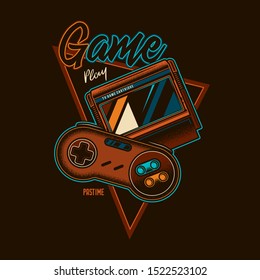 Original, game vector emblem with the image of a retro gamepad and a game 8-bit cartridge in stained-glass style.