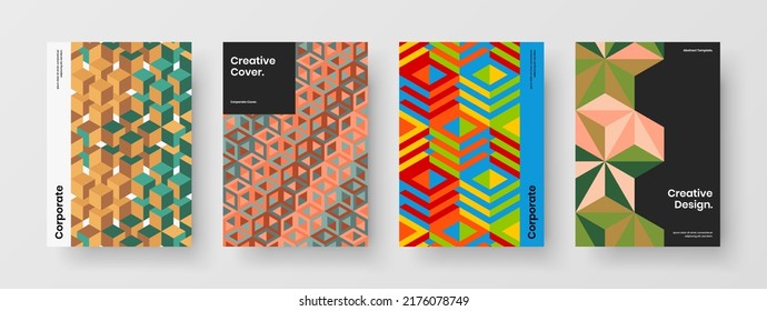 Original geometric hexagons flyer illustration bundle. Colorful presentation A4 design vector template collection.