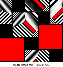 Patrón geométrico original sin costuras con cuadrados blancos, rojos y negros. Composición de rayas abstractas dinámicas con elementos de ilusiones ópticas. Estilo minimalista. Vector.