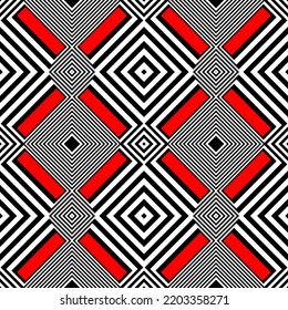 Original geometric seamless pattern with white, red and black squares. Dynamic abstract striped composition with elements of optical illusions. Minimalistic style. Vector.