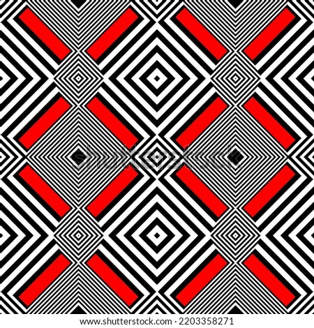 Original geometric seamless pattern with white, red and black squares. Dynamic abstract striped composition with elements of optical illusions. Minimalistic style. Vector.