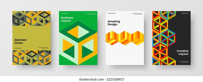 Original geometric tiles handbill concept collection. Bright front page A4 design vector illustration bundle.