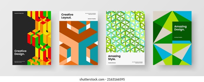 Original geometric tiles postcard concept collection. Trendy magazine cover design vector template bundle.