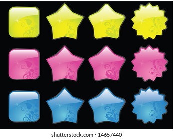 Original glossy buttons and badges with floral patterns on black background