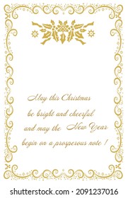 Original gold abstract decorative frame. Beautiful greeting text Merry Christmas and Happy New Year. Halle berry botanical elements. Postcard. For print. Sample. Vector illustration 