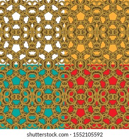 Original golden seamless pattern on a white, yellow, red and emerald background. Four color versions. Vector collection