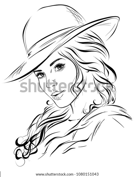 Original Graphic Portrait Fashionable Girl Hat Stock Vector (Royalty ...