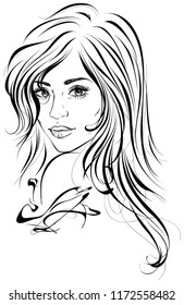 Original graphic portrait of young fashion girl with long wavy hair. Vector illustration
