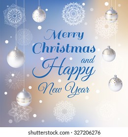 Original greeting card with a beautiful snowflakes and silver christmas balls. Vector illustration.