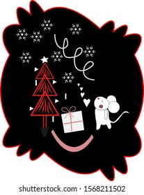 Original greeting card.On a dark background a mouse, a Christmas tree and a Sirpantine, a congratulatory inscription.Vector illustration.