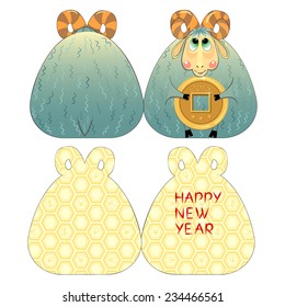 Original greeting card with the New Year, with a funny goat holding Chinese coins