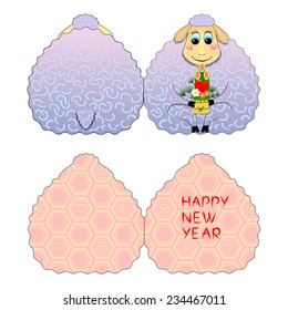 Original greeting card with the New Year, with a funny sheep holding traditional mascot