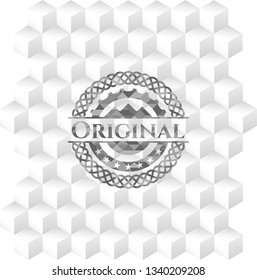 Original grey badge with geometric cube white background