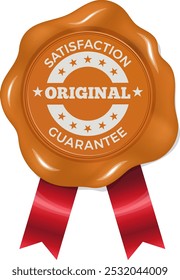 Original guarantee wax seal. Red ribbon stamp