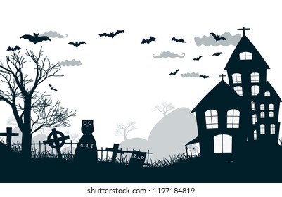 Original Halloween night party poster with dead tree at grey background, bats flying over graves and terrible castle, black clouds flat vector illustration