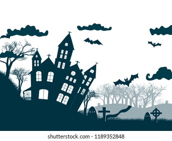 Original Halloween party poster with dead tree at grey background, bats flying over graves, black clouds and terrible castle flat vector illustration