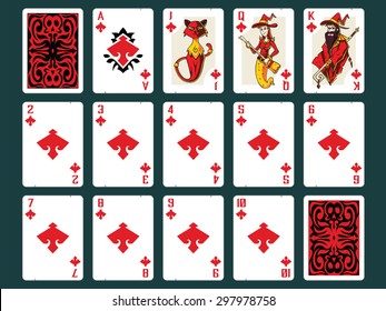 Original Halloween Playing Cards - Diamonds Set. Contain all numbers from 2 to 10 plus Ace, Jack (cat), Queen (witch), King (wizard) and Back Design.