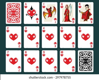 Original Halloween Playing Cards - Hearts Set. Contain all numbers from 2 to 10 plus Ace, Jack (bat), Queen (death), King (vampire) and Back Design.