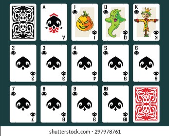 Original Halloween Playing Cards - Spades Set. Contain all numbers from 2 to 10 plus Ace, Jack (pumpkin), Queen (ghost), King (scarecrow) and Back Design.