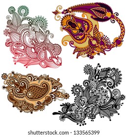 original hand draw line art ornate flower design. Ukrainian traditional style. Vector set