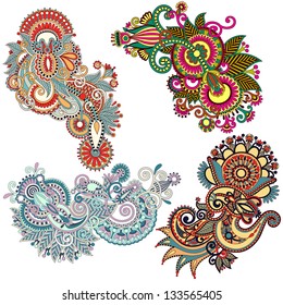 original hand draw line art ornate flower design. Ukrainian traditional style. Vector set