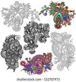 original hand draw line art ornate flower design. Ukrainian traditional style. Vector set