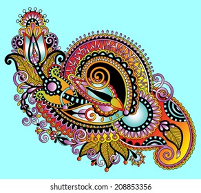 original hand draw line art ornate flower design. Ukrainian traditional style, vector illustration