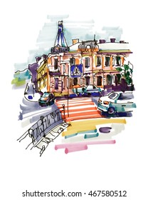 original hand draw marker sketch of Kyiv building landscape, pleinair sketching, vector illustration