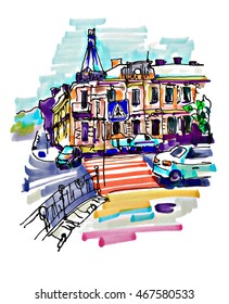 original hand draw marker sketch of Kyiv building landscape, pleinair sketching, vector illustration