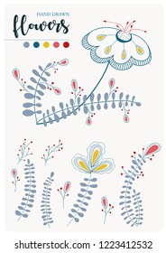 Original hand draw winter flowers illustration, fresh floral pattern, folk ornament, vector