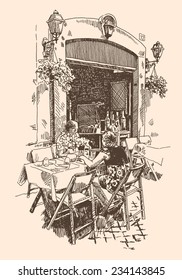 original hand drawing of european street outdoor cafe in Rome, Italy, romantic vector illustration