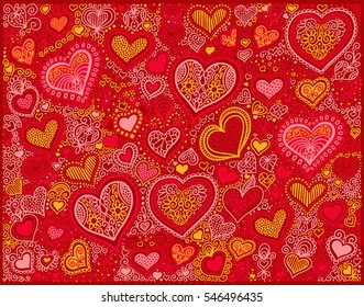 original hand drawing heart shape background in red colors to valentines day design, vector illustration