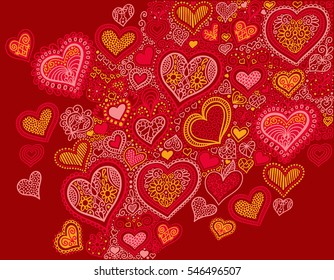 original hand drawing heart shape background in red colors to valentines day design, vector illustration