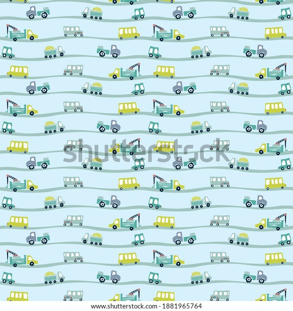 Original hand\
drawn cars are driving along the city road. Seamless pattern for\
boys. Children\'s vector\
illustration