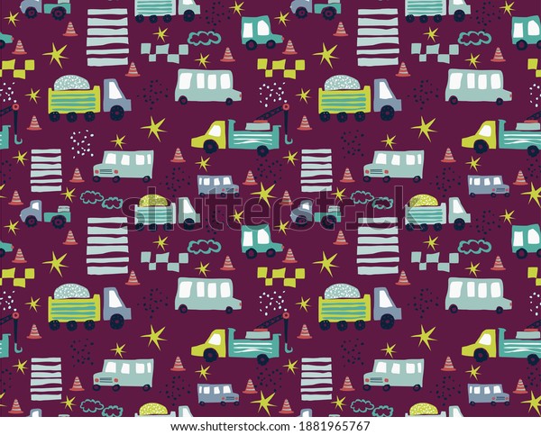 Original hand drawn\
cars driving along the city road. Seamless pattern for boys.\
Children\'s vector\
illustration