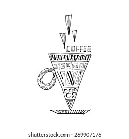 Original hand drawn doodle on the craft paper background.Coffee cup logo.