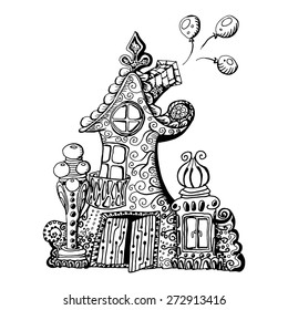 Original hand drawn doodle style fairy house. Can be used for kid coloring book design. Vector template,eps10