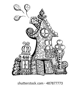 Original hand drawn doodle style fairy house. Can be used for kid coloring book page design. Vector template,eps10