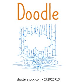 Original hand drawn doodles artwork, isolated on white background. Vector illustration with sea waves, cloud and sky.