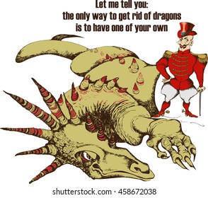 Original hand drawn Dragon and Circus tamer. Vector illustration. Engraving style.