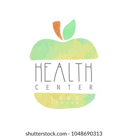 Original hand drawn emblem with colorful green apple. Logo design for alternative medicine or health center. Concept of wellness. Watercolor vector illustration