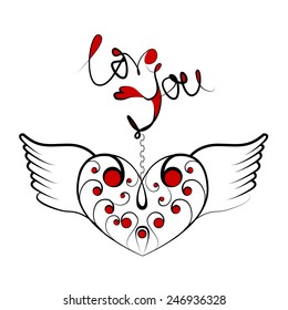 Original hand drawn heart element with wings and love you phrase
